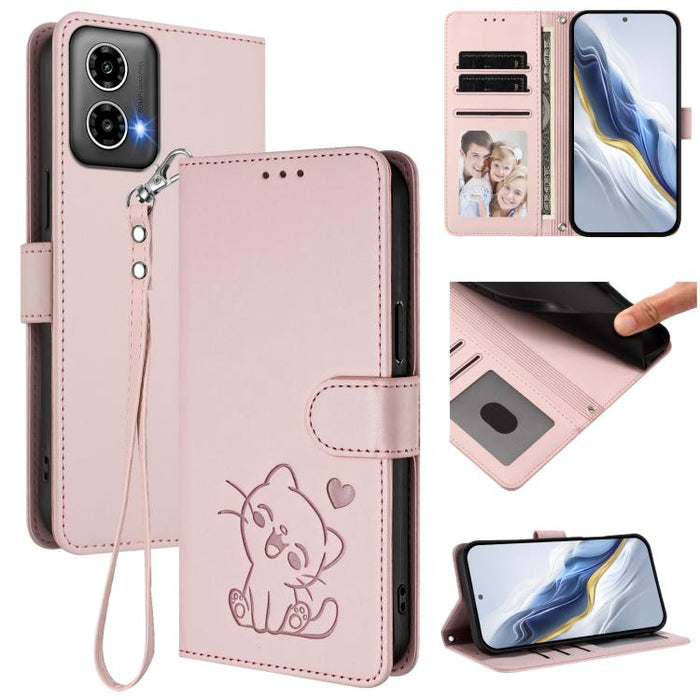 Embossed Heart Cat Leather Phone Case with Hand Strap, For Motorola Moto G34 5G / G45 5G, For Motorola Edge 50 5G
