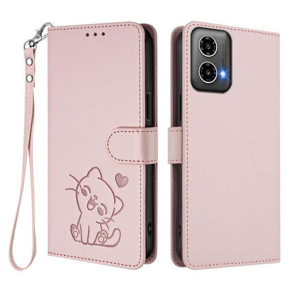 Embossed Heart Cat Leather Phone Case with Hand Strap, For Motorola Moto G34 5G / G45 5G, For Motorola Edge 50 5G