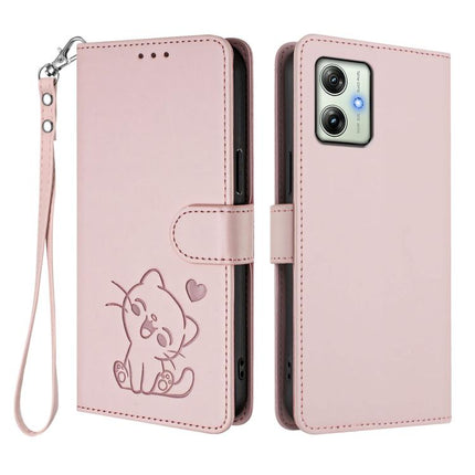 Embossed Heart Cat Leather Phone Case with Hand Strap, For Motorola Moto G64 / G54 India, For Motorola Edge 50 Fusion 5G