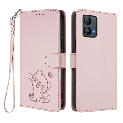 Embossed Heart Cat Leather Phone Case with Hand Strap, For Motorola Moto G53 5G / G13 4G, For Motorola Edge 50 Ultra 5G
