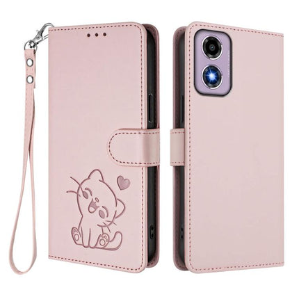 Embossed Heart Cat Leather Phone Case with Hand Strap, For Motorola Moto E14 4G / G04 4G, For Motorola Edge 50 Pro 5G