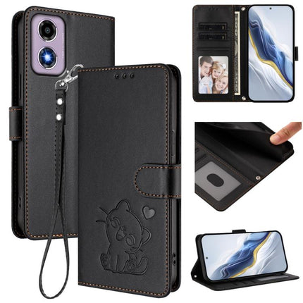 Embossed Heart Cat Leather Phone Case with Hand Strap, For Motorola Moto E14 4G / G04 4G, For Motorola Edge 50 Pro 5G