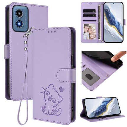 Embossed Heart Cat Leather Phone Case with Hand Strap, For Motorola Moto G24 Power 4G India, For Motorola Moto G Play 4G 2024