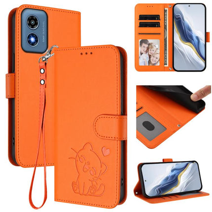 Embossed Heart Cat Leather Phone Case with Hand Strap, For Motorola Moto G24 Power 4G India, For Motorola Moto G Play 4G 2024
