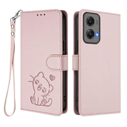 Embossed Heart Cat Leather Phone Case with Hand Strap, For Motorola Moto G Stylus 5G 2024, For Motorola Moto G Play 5G 2024
