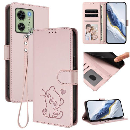 Embossed Heart Cat Leather Phone Case with Hand Strap, For Motorola Moto G Power 2024, For Motorola Edge 40 5G / Edge 2023
