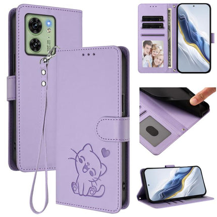 Embossed Heart Cat Leather Phone Case with Hand Strap, For Motorola Moto G Power 2024, For Motorola Edge 40 5G / Edge 2023