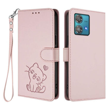 Embossed Heart Cat Leather Phone Case with Hand Strap, For Motorola Edge 40 Neo 5G, For Motorola Moto G Stylus 2023 4G