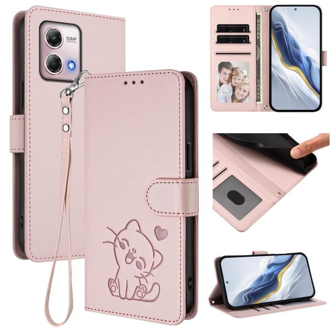 Embossed Heart Cat Leather Phone Case with Hand Strap, For Motorola Edge 40 Neo 5G, For Motorola Moto G Stylus 2023 4G