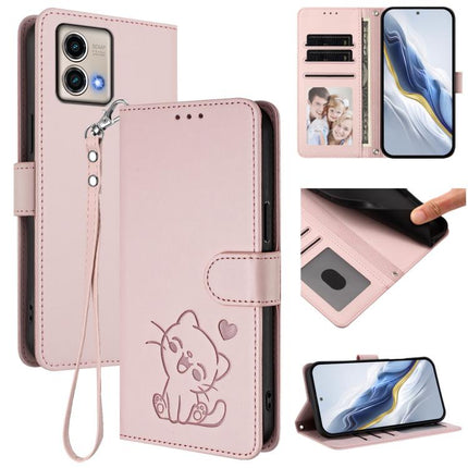 Embossed Heart Cat Leather Phone Case with Hand Strap, For Motorola Moto G Power 2023, For Motorola Moto G Stylus 5G 2023