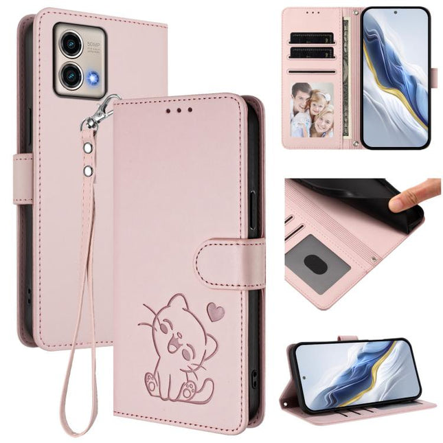 Embossed Heart Cat Leather Phone Case with Hand Strap, For Motorola Moto G Power 2023, For Motorola Moto G Stylus 5G 2023