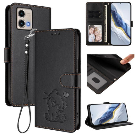 Embossed Heart Cat Leather Phone Case with Hand Strap, For Motorola Moto G Power 2023, For Motorola Moto G Stylus 5G 2023