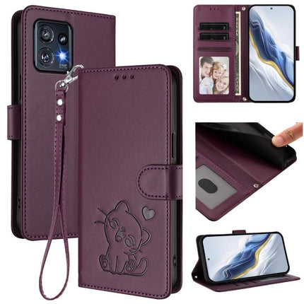 Embossed Heart Cat Leather Phone Case with Hand Strap, For Motorola Edge+ 2023 / 40 Pro, For Motorola Moto E13 4G 2023
