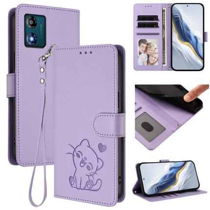Embossed Heart Cat Leather Phone Case with Hand Strap, For Motorola Edge+ 2023 / 40 Pro, For Motorola Moto E13 4G 2023