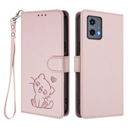 Embossed Heart Cat Leather Phone Case with Hand Strap, For Motorola Moto G 5G 2023, For Motorola Moto G Play 2023