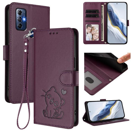 Embossed Heart Cat Leather Phone Case with Hand Strap, For Motorola Moto G 5G 2023, For Motorola Moto G Play 2023