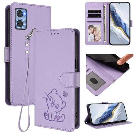 Embossed Heart Cat Leather Phone Case with Hand Strap, For Motorola Moto G72, For Motorola Moto E22 4G / E22i 4G