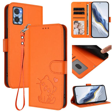 Embossed Heart Cat Leather Phone Case with Hand Strap, For Motorola Moto G72, For Motorola Moto E22 4G / E22i 4G
