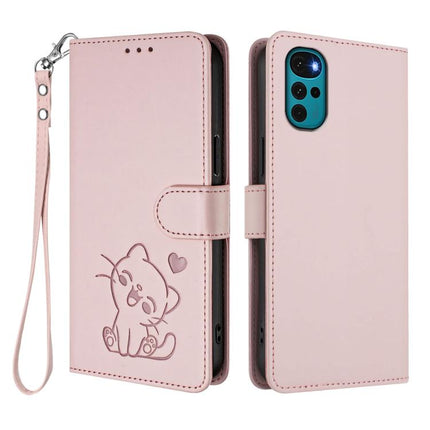 Embossed Heart Cat Leather Phone Case with Hand Strap, For Motorola Moto G22 4G / E32s, For Motorola Edge 2022 / Edge 5G UW