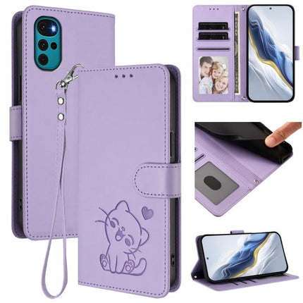 Embossed Heart Cat Leather Phone Case with Hand Strap, For Motorola Moto G22 4G / E32s, For Motorola Edge 2022 / Edge 5G UW