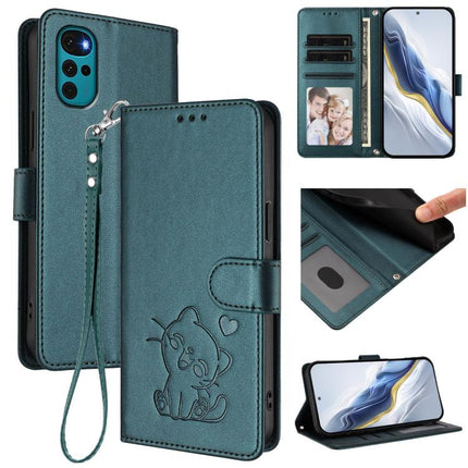 Embossed Heart Cat Leather Phone Case with Hand Strap, For Motorola Moto G22 4G / E32s, For Motorola Edge 2022 / Edge 5G UW