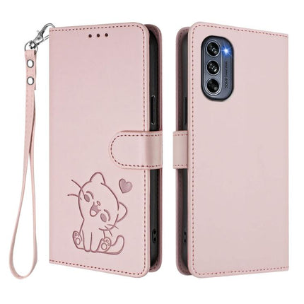 Embossed Heart Cat Leather Phone Case with Hand Strap, For Motorola Moto G62 5G, For Motorola Moto X30 Pro 5G