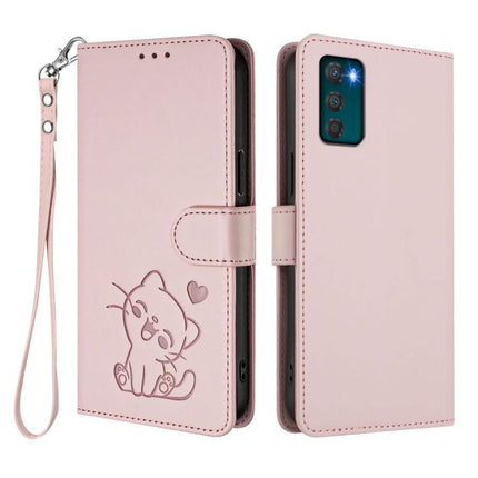 Embossed Heart Cat Leather Phone Case with Hand Strap, For Motorola Moto G42 4G, For Motorola Moto G52 4G / G82 5G