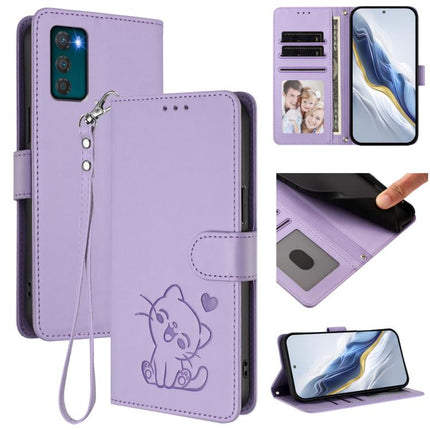 Embossed Heart Cat Leather Phone Case with Hand Strap, For Motorola Moto G42 4G, For Motorola Moto G52 4G / G82 5G