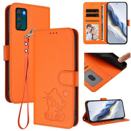Embossed Heart Cat Leather Phone Case with Hand Strap, For Motorola Moto G42 4G, For Motorola Moto G52 4G / G82 5G