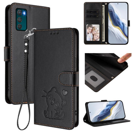 Embossed Heart Cat Leather Phone Case with Hand Strap, For Motorola Moto G42 4G, For Motorola Moto G52 4G / G82 5G