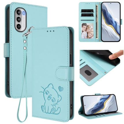 Embossed Heart Cat Leather Phone Case with Hand Strap, For Motorola Moto G42 4G, For Motorola Moto G52 4G / G82 5G
