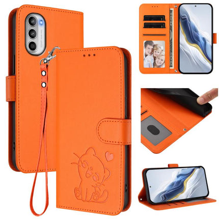 Embossed Heart Cat Leather Phone Case with Hand Strap, For Motorola Moto G42 4G, For Motorola Moto G52 4G / G82 5G