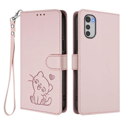 Embossed Heart Cat Leather Phone Case with Hand Strap, For Motorola Moto E32 4G Global, For Motorola Moto G32