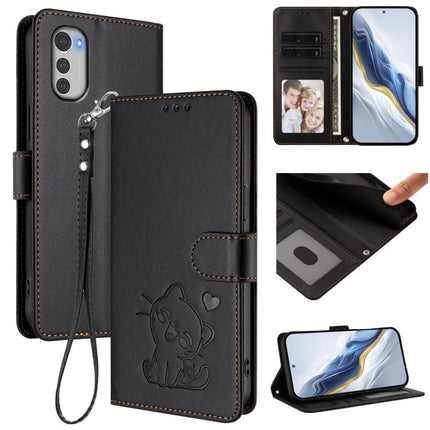 Embossed Heart Cat Leather Phone Case with Hand Strap, For Motorola Moto E32 4G Global, For Motorola Moto G32