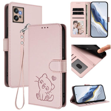 Embossed Heart Cat Leather Phone Case with Hand Strap, For Motorola Moto E32 4G Global, For Motorola Moto G32