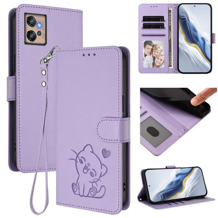 Embossed Heart Cat Leather Phone Case with Hand Strap, For Motorola Moto E32 4G Global, For Motorola Moto G32