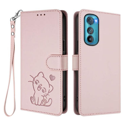 Embossed Heart Cat Leather Phone Case with Hand Strap, For Motorola Edge 30, For Motorola Moto G 5G 2022
