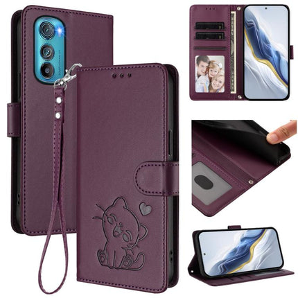 Embossed Heart Cat Leather Phone Case with Hand Strap, For Motorola Edge 30, For Motorola Moto G 5G 2022