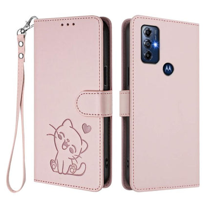 Embossed Heart Cat Leather Phone Case with Hand Strap, For Motorola Moto G Play 2022, For Motorola Moto G Stylus 2022 5G