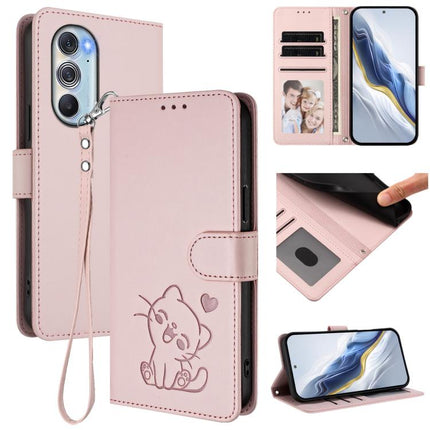 Embossed Heart Cat Leather Phone Case with Hand Strap, For Motorola Edge X30 / 30 Pro, For Motorola Moto G200 5G / Edge S30