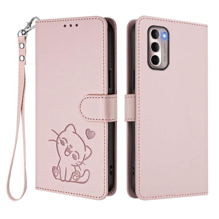 Embossed Heart Cat Leather Phone Case with Hand Strap, For Motorola Moto G Stylus 2022 4G, For Motorola Moto G Power 2022