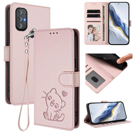 Embossed Heart Cat Leather Phone Case with Hand Strap, For Motorola Moto G Stylus 2022 4G, For Motorola Moto G Power 2022