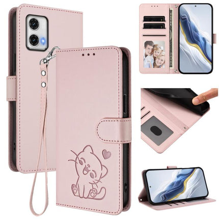 Embossed Heart Cat Leather Phone Case with Hand Strap, For Motorola Moto G73 5G, For Motorola Moto G75 5G