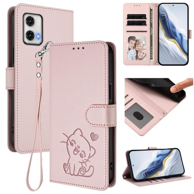 Embossed Heart Cat Leather Phone Case with Hand Strap, For Motorola Moto G73 5G, For Motorola Moto G75 5G