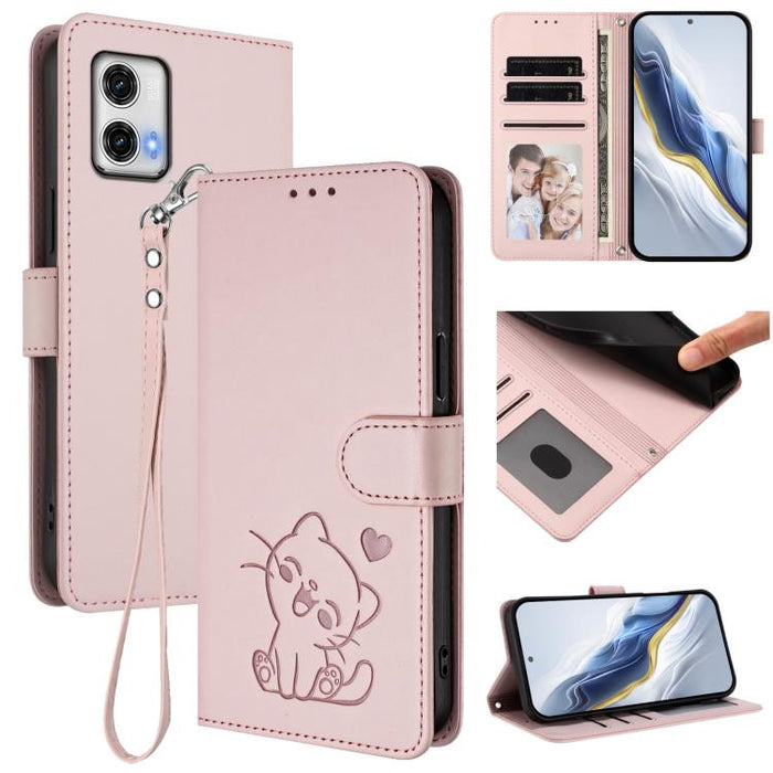 Embossed Heart Cat Leather Phone Case with Hand Strap, For Motorola Moto G73 5G, For Motorola Moto G75 5G