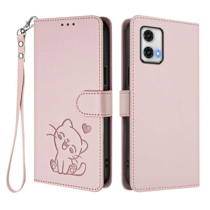 Embossed Heart Cat Leather Phone Case with Hand Strap, For Motorola Moto G73 5G, For Motorola Moto G75 5G