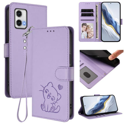 Embossed Heart Cat Leather Phone Case with Hand Strap, For Motorola Moto G73 5G, For Motorola Moto G75 5G