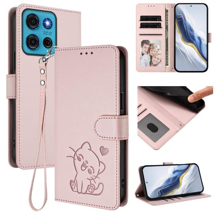 Embossed Heart Cat Leather Phone Case with Hand Strap, For Motorola Moto G73 5G, For Motorola Moto G75 5G