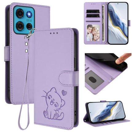 Embossed Heart Cat Leather Phone Case with Hand Strap, For Motorola Moto G73 5G, For Motorola Moto G75 5G
