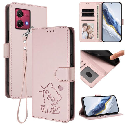Embossed Heart Cat Leather Phone Case with Hand Strap, For Motorola Moto G84 5G, For Motorola Moto G14 4G / G54